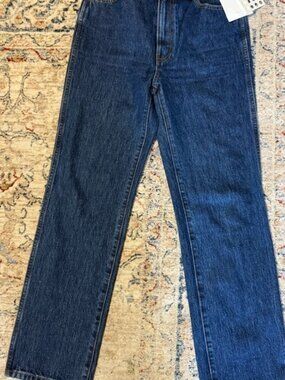 KHAITE Abigail Indigo Denim Jeans with Gold Stitching size 26